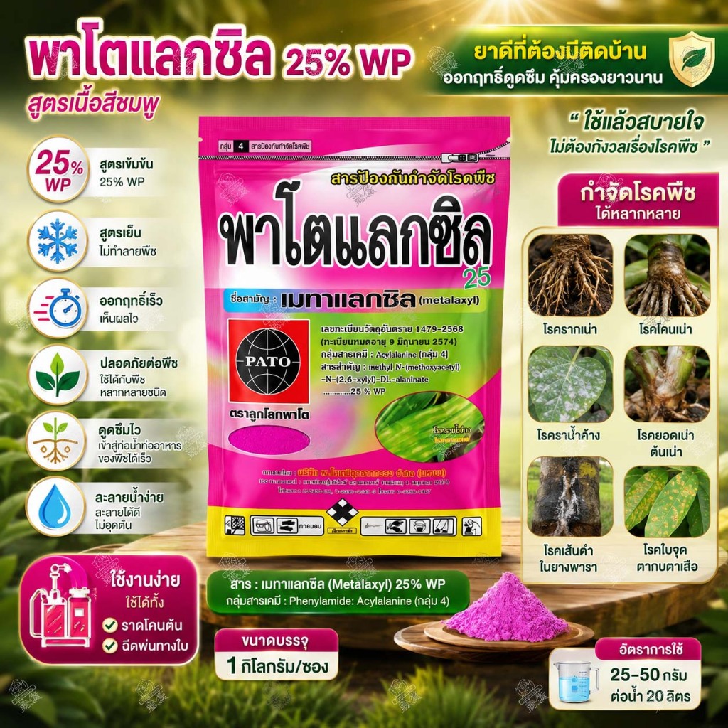 เมทาแลกซิล 25% (ชมพูเข้ม) ขนาด 1 กิโลกรัม พาโตแลกซิล 25 WP โรคเน่า โรคราน้ำค้าง ใบจุด รากเน่าโคนเน่า