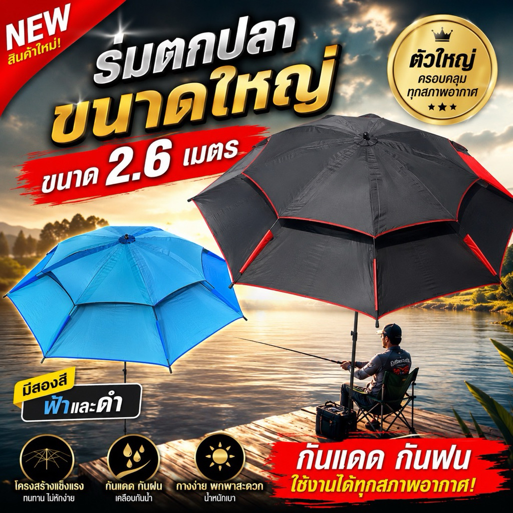 ร่มตกปลา ร่มตกปลาขนาดใหญ่ ร่มสนามตกปลา ร่มกันแดดกันฝนตกปลา ร่มกลางแจ้ง ขนาด 2.6 เมตร