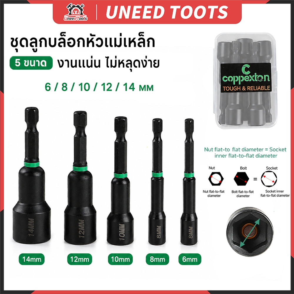 ชุดบล็อกแม่เหล็ก 5/8ชิ้น 5-14mm ดอกบล็อกขันน็อต แกนหกเหลี่ยม 1/4 นิ้ว ใช้กับสว่านไฟฟ้า แข็งแรง ทนทาน พร้อมกล่องเก็บ