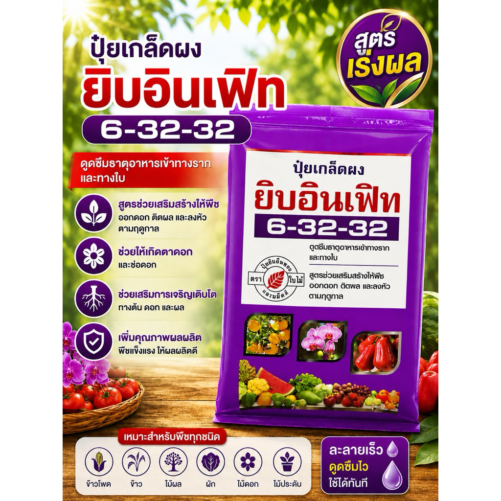 ปุ๋ยเกล็ด 6-32-32 สูตรเร่งผล ตราใบไม้ ยิบอินเฟิท