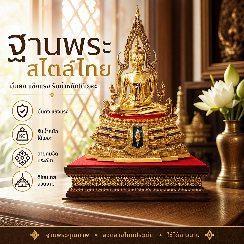 ฐานพระ ใบบุญเฟอร์นิเจอร์ ฐานรองพระ สีโอ๊ค-ทอง สูง 3 นิ้ว [ B021-1]
