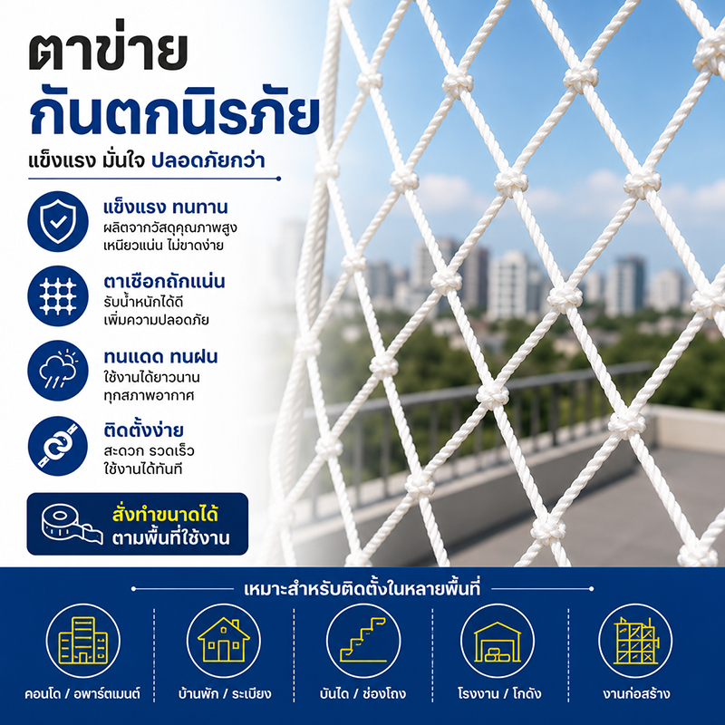 ตาข่ายนิรภัยสำหรับงานก่อสร้าง คุณภาพดี แข็งแรงทนทาน ตาข่าย 5 ซม. ป้องกันวัสดุและคนงานตกหล่น มีหลายขนาดให้เลือก พร้อมส่ง