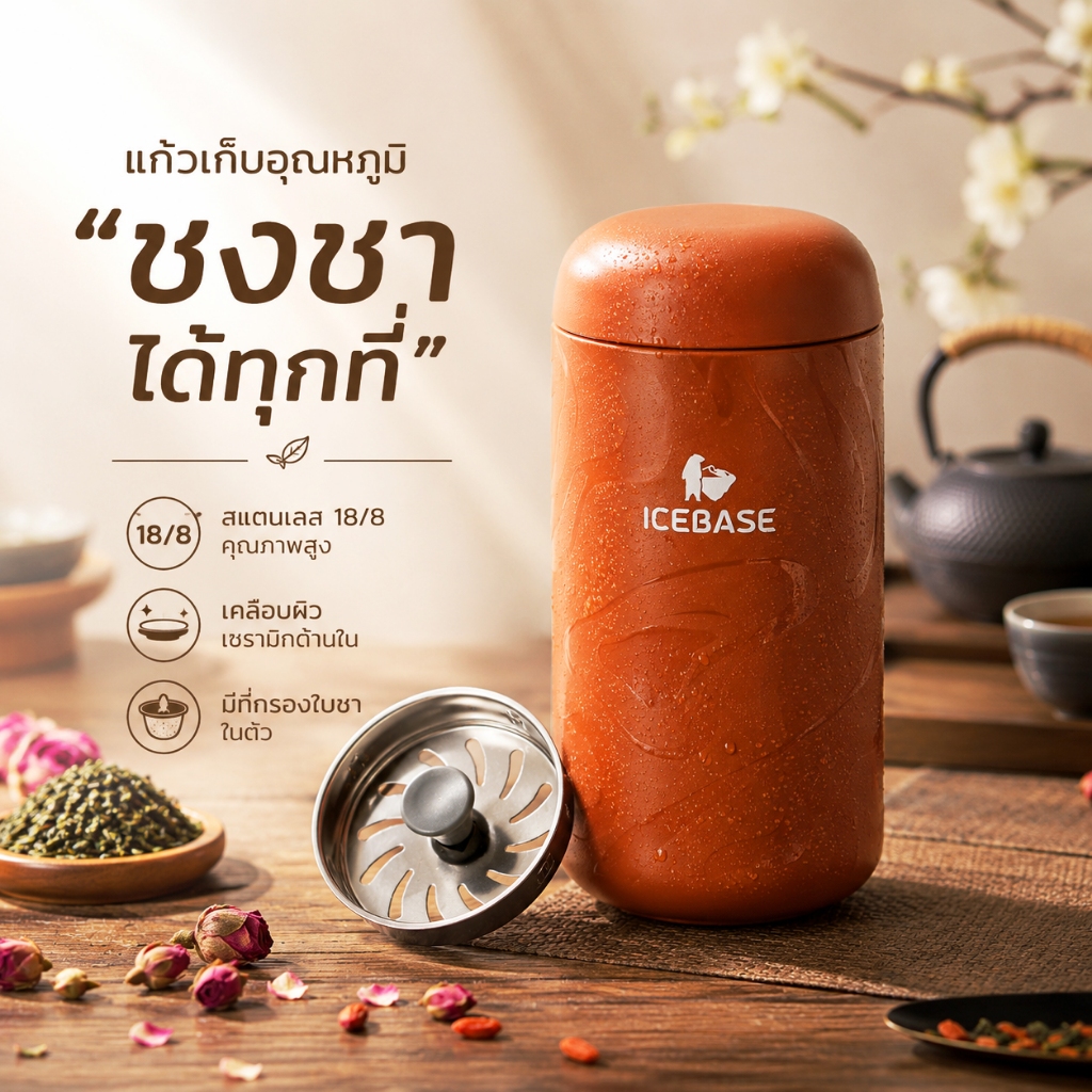 แก้วเก็บอุณหภูมิ ICEBASE มีที่กรองใบชาในตัว เคลือบCERAMIC ด้านใน ขนาด 12 Oz. ความจุ 360 ML. รุ่น CARA