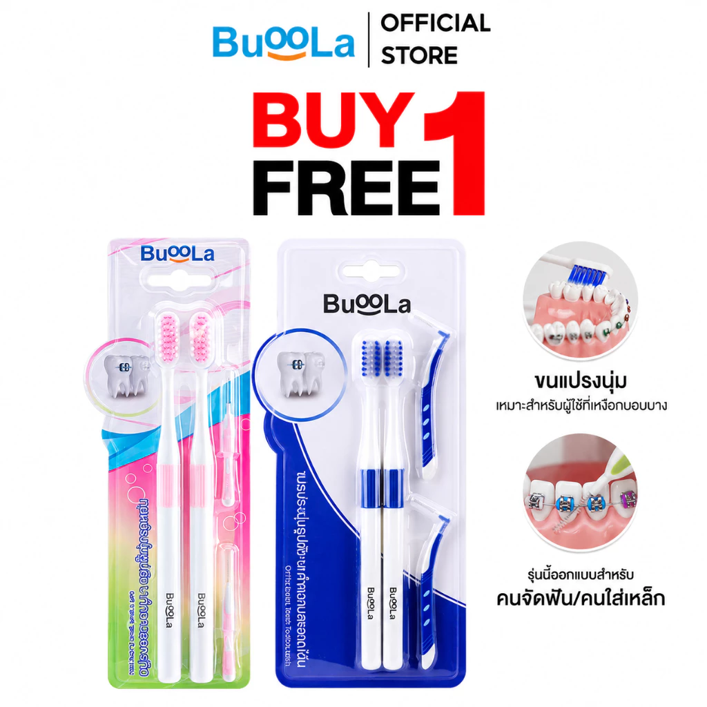 Buoola แปรงสีฟันคนจัดฟัน ขนนุ่มสองชั้น พร้อมแปรงขัดซอกฟัน 4ชิ้น