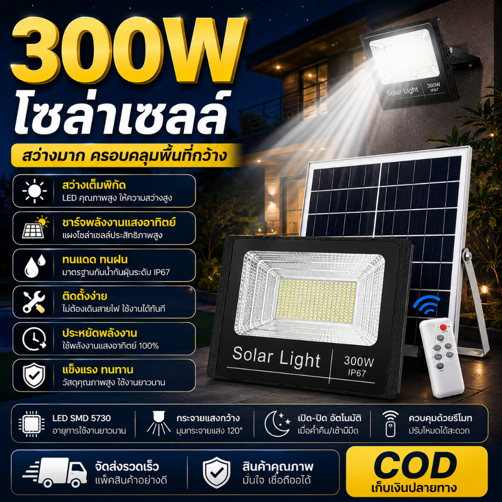 ไฟโซล่าเซลล์ 300W Solar Light LED ไฟถนนโซล่าเซลล์ สปอร์ตไลท์โซล่าเซลล์ ไฟโซล่าและแผงโซล่า โซล่าเซลล์