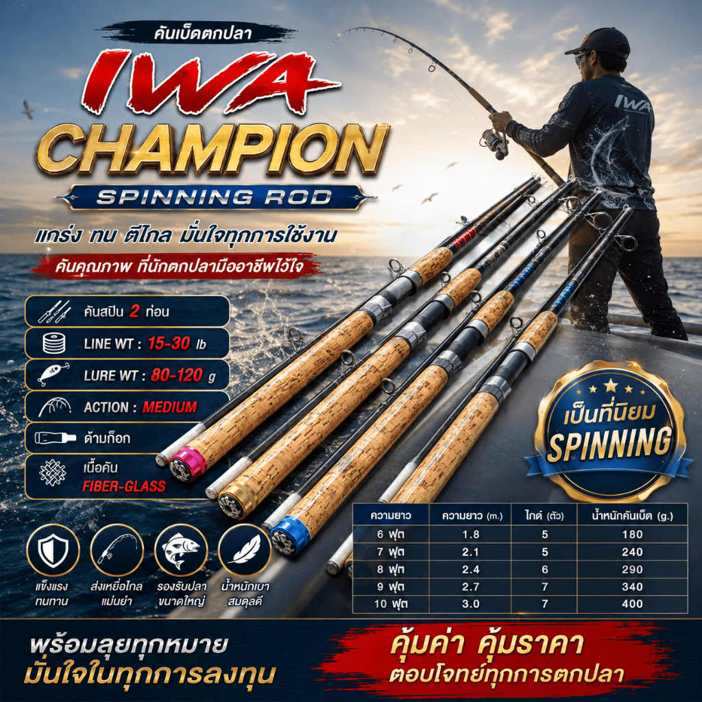 [ ของแท้ ]  คันเบ็ดตกปลา Iwa Champion คันสปิน 2 ท่อน Line wt. 15-30 lb Lure wt : 80-120 g เป็นที่นิยม Spinning