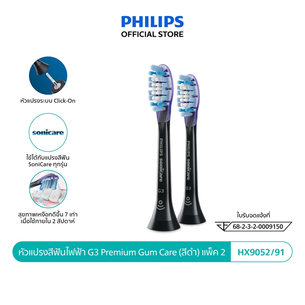 Philips Sonicare ฟิลิปส์ หัวแปรงสีฟันไฟฟ้า G3 Premium Gum Care, หัวแปรง Soft, แพ็ค 2 (ด้ามสีดำ) รุ่น HX9052/96 , HX9052/