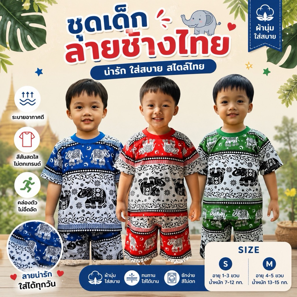 ชุดช้างเด็ก ผ้าไมโคร ราคารวมเสื้อกางเกง