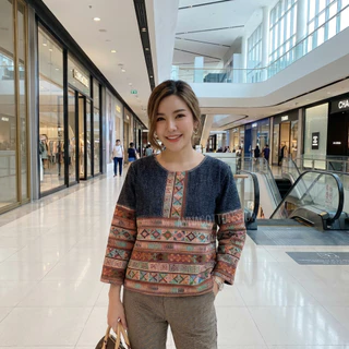 เสื้อใบปอผ้าฝ้ายชินมัยสโตนวอช คอกลมแขนยาวแต่งผ้าทอลายอาข่า สไตล์พื้นเมือง ใส่สบาย มีขนาด 36-44 นิ้ว