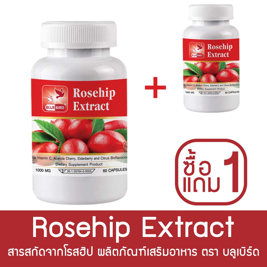 [1แถม1] สารสกัดจากโรสฮิป Rosehip Extract ตรา บลูเบิร์ด ขนาด 1000 มิลลิกรัม 60 แคปซูล