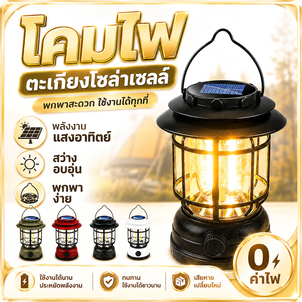 ไฟโซล่าเซลล์ ย้อนยุค ไฟตะเกียงแค้มปิ้ง แบบพกพา ชาร์จไฟได้ สําหรับตั้งแคมป์ เดินป่า Type-C ชาร์จ ปรับความสว่างเต็มรูปแบบ