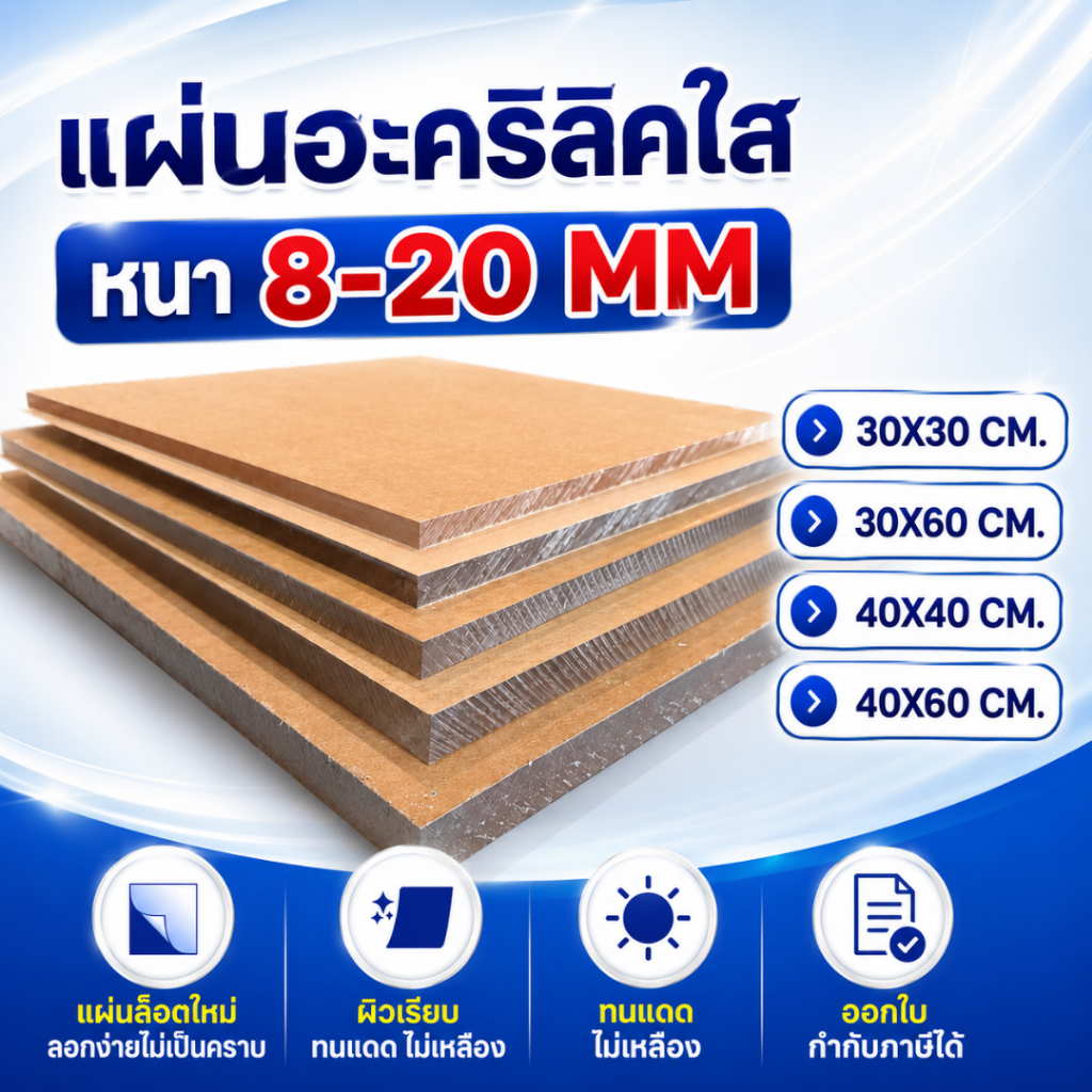 แผ่นอะคริลิคใส ขนาดเล็ก หนาพิเศษ หนา 8–20 mm  30X30 CM. 30X60 CM. 40X40 CM. 40X60 CM.