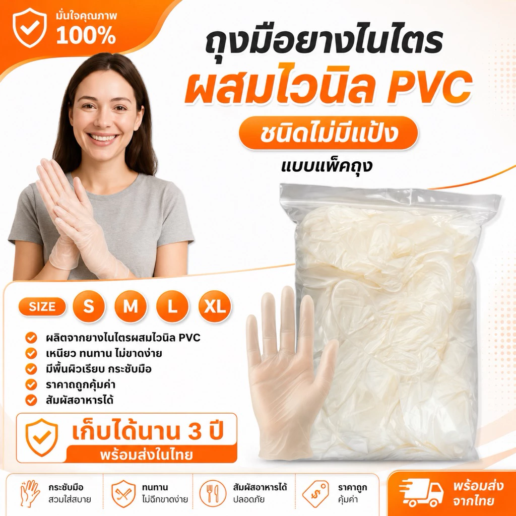 ถุงมือไนไตรไวนิล PVC สีใส ไม่มีแป้ง (แบบแพคถุง) ถุงมืออเนกประสงค์ แบบหนา พร้อมส่งส่งไว