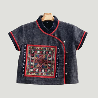 เสื้อใบปอคอจีน ผ้าฝ้ายชินมัยสโตน ป้ายกระดุมสีเงิน กุ้นแดง แต่งผ้าทอ เรียบหรู ใส่สวยทุกโอกาส ❤️✨