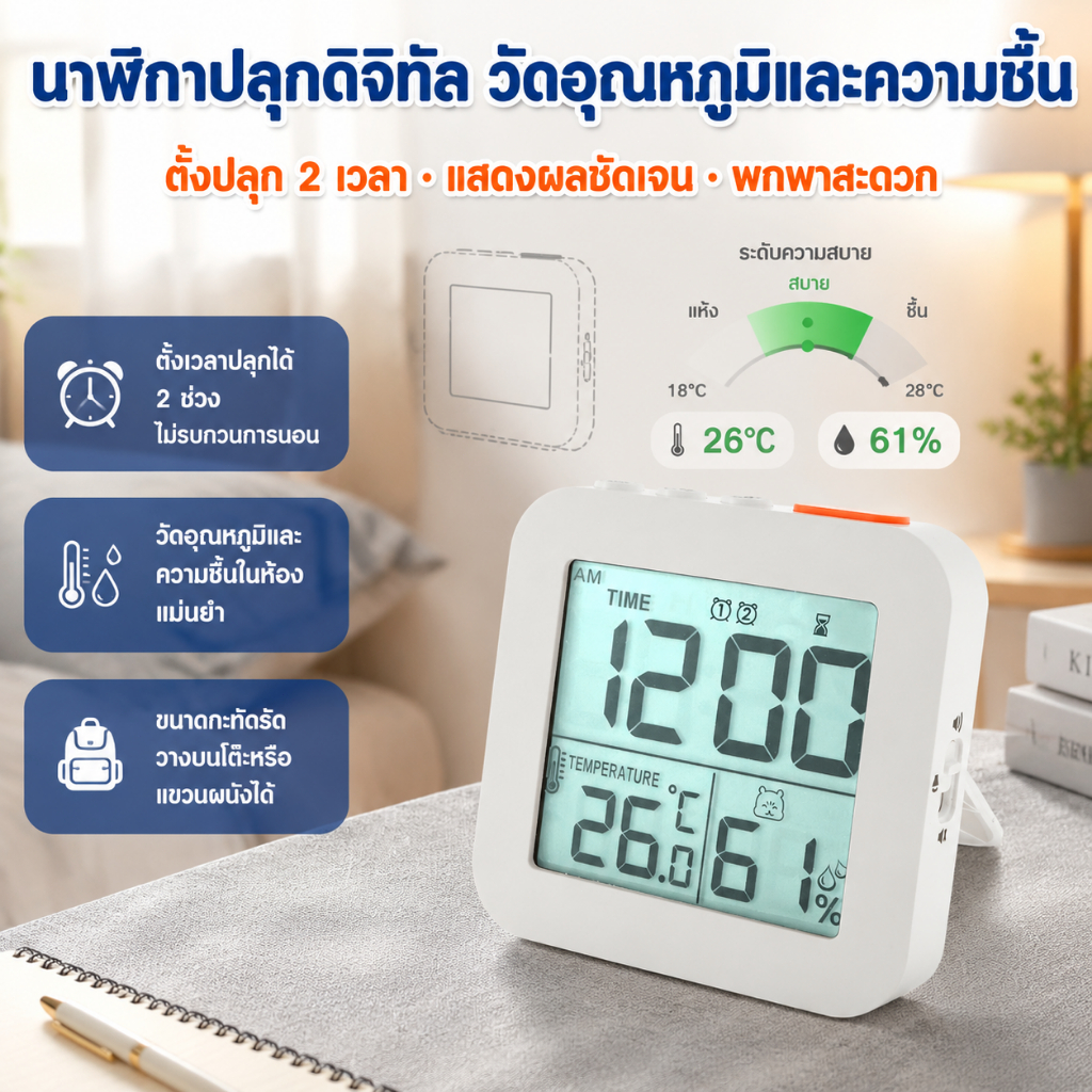 นาฬิกาปลุกดิจิตอลพ ร้อมกระดิ่ง 2 ดอก อุณหภูมิ ความชื้น ไฟไฟกลางคืน ถ่านดําเนิน นาฬิกาตั้งโต๊ะ