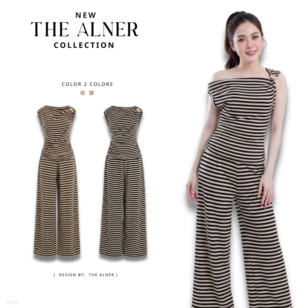 Thealner-AN255 (เซตเสื้อปาดไหล่ลายริ้วกางเกงขายาว)