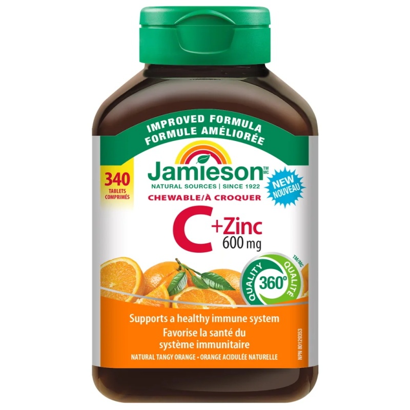 Jamieson Chewable Vitamin C + Zinc 600mg 340 Tablets วิตามินซี + สังกะสี 600 มิลลิกรัม 340 เม็ด