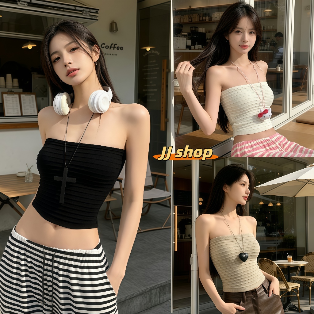 JJ shop เสื้อครอปผู้หญิงแบบเกาะอก ตัวรัดรูป สั้นโชว์เอว สไตล์มินิมอลเซ็กซี่ มีหลายสี สีพื้น-03091