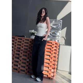 ยีนส์ Nammon Jeans BA07 กางเกงยีนส์เอวกลางกระบอกใหญ่ รุ่น Lucky Belt - ผ้าไม่ยืด