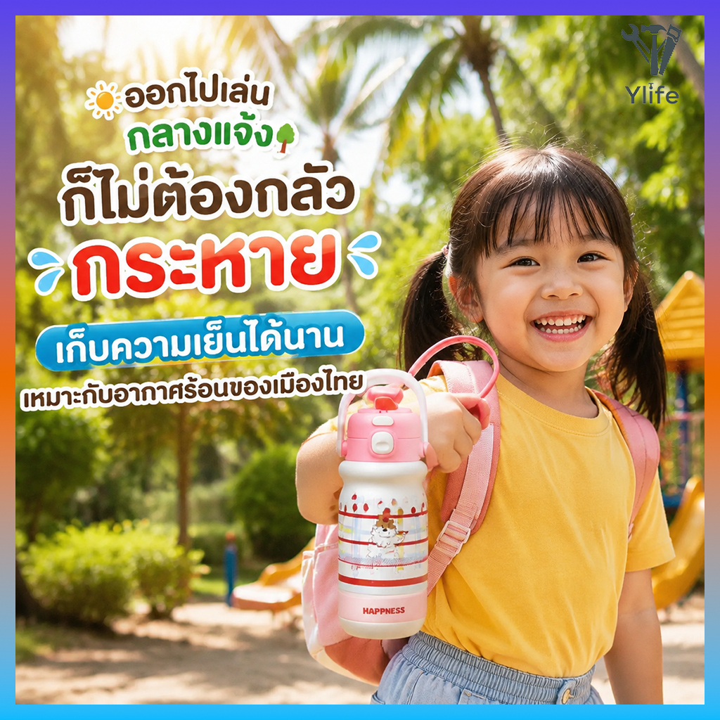 Ylife 520ml/18ozเด็กพกพาน้ำแก้ว ปากหลอด+ดื่มตรง แก้วเก็บความเย็น-ซีรีย์ลูกสุนัข(สแตนเลส 316) Tumblerเก็บความเย็น 6 ชม.