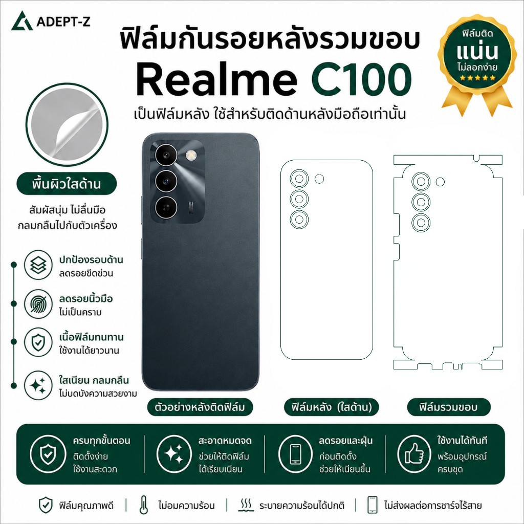 ฟิล์มหลังรวมขอบข้าง Realme C100 ฟิล์มใสด้าน ตัดตรงรุ่น สุดคุ้ม ราคาประหยัด ส่งด่วน 24ชม เก็บปลายทาง