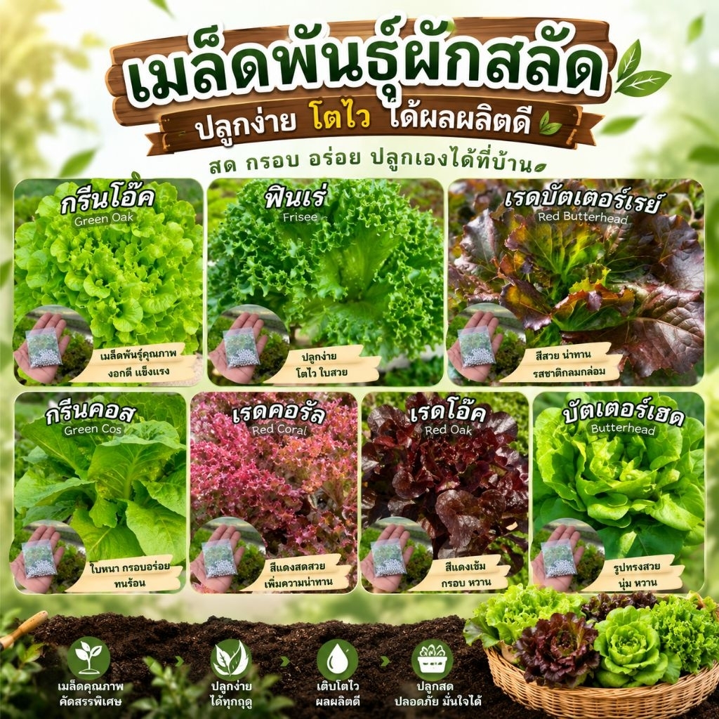 เมล็ดสลัดยอดนิยม 7 ชนิด เมล็ดเคลือบ เมล็ดพันธุ์นำเข้า อัตราการงอกสูง