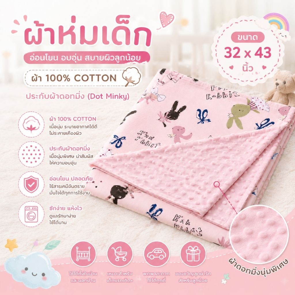 Palm&Pond ผลิตในไทย พร้อมส่ง ผ้าห่มเด็ก ผ้าห่มมิ้งดอท ผ้าห่มขนมิ้ง 100% cotton
