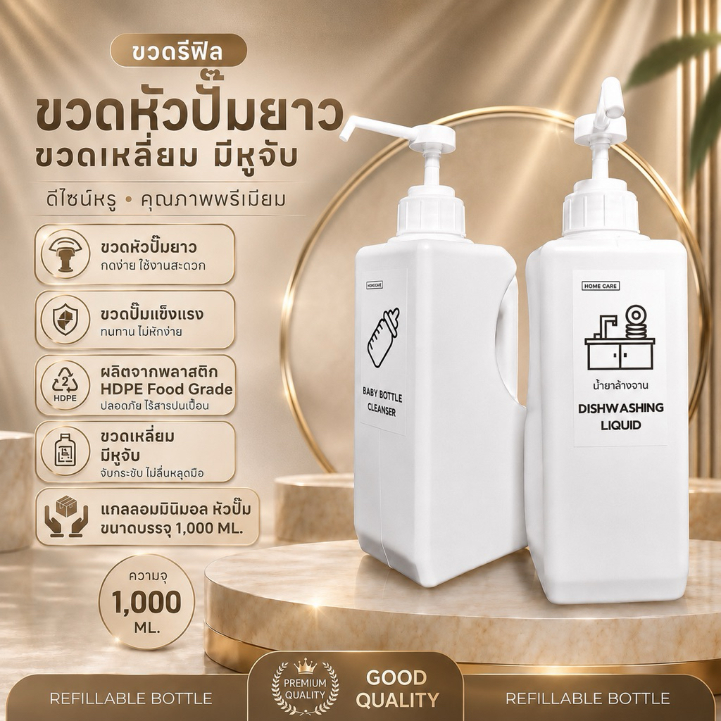ขวดรีฟิล หัวปั๊มยาว ขวดเหลี่ยม สีขาว มีหูจับ หัวปั๊มแข็งแรง (HDPE Food Grade) แถมฟรี สติ๊กเกอร์ (1,0