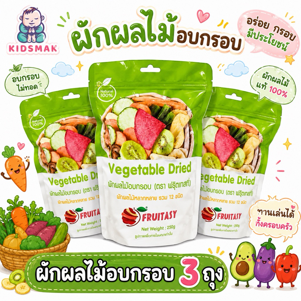 (Pack 3 ถุงคุ้มสุด)ส่งด่วนผักและผลไม้อบกรอบ 12 ชนิด ขนาด 250กรัม