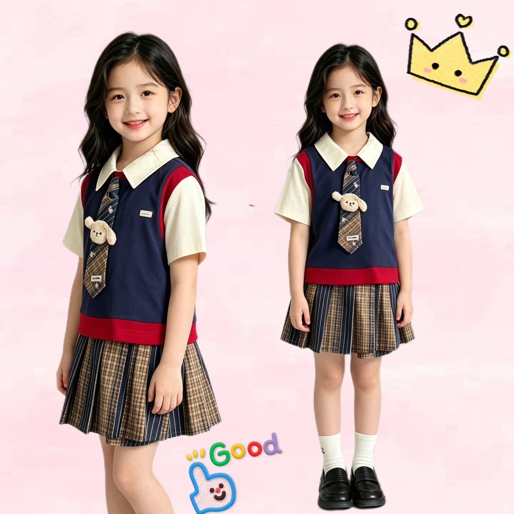 BB278 ชุดเซ็ตเด็กหญิง เสื้อคอปกแขนสั้น + กระโปรงจีบลายสก็อต