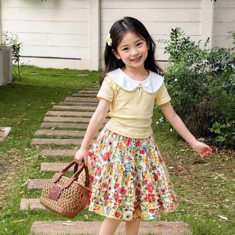 MC284  เซ็ตเสื้อคอบัวเด็กผู้หญิง + กระโปรงลายดอกไม้