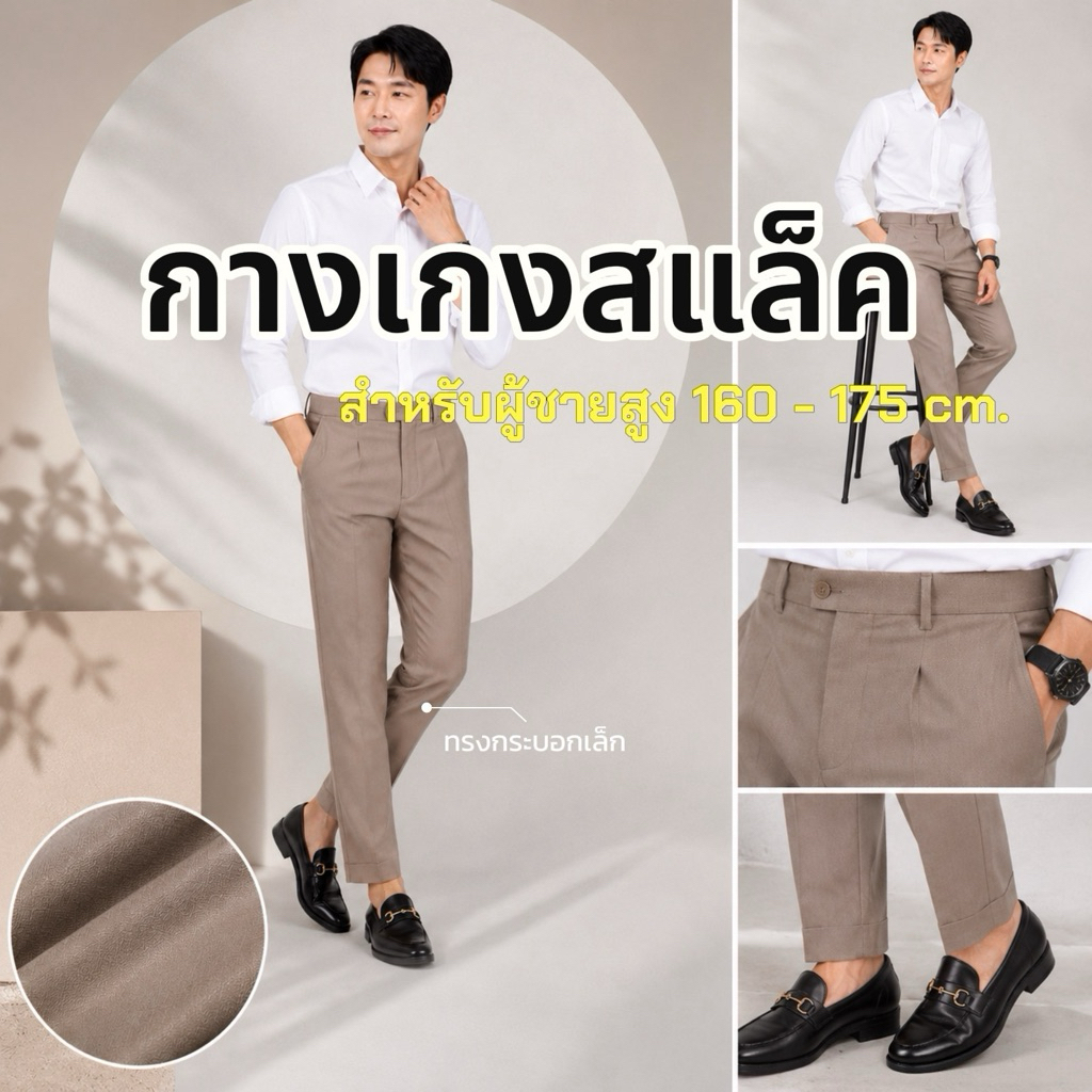 กางเกงสแล็คผู้ชาย 9 ส่วน สำหรับสูง 160-175 cm. ใส่สวย ไม่ต้องตัดขา สีเบจ ผ้าตัดสูท รุ่น UR.C