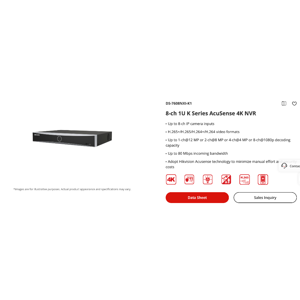 เครื่องบันทึก NVR Hikvision DS-7608NXI-K1(D) (NVR 8 CH ไม่มี POE ใส่ HDD 1 ลูก)