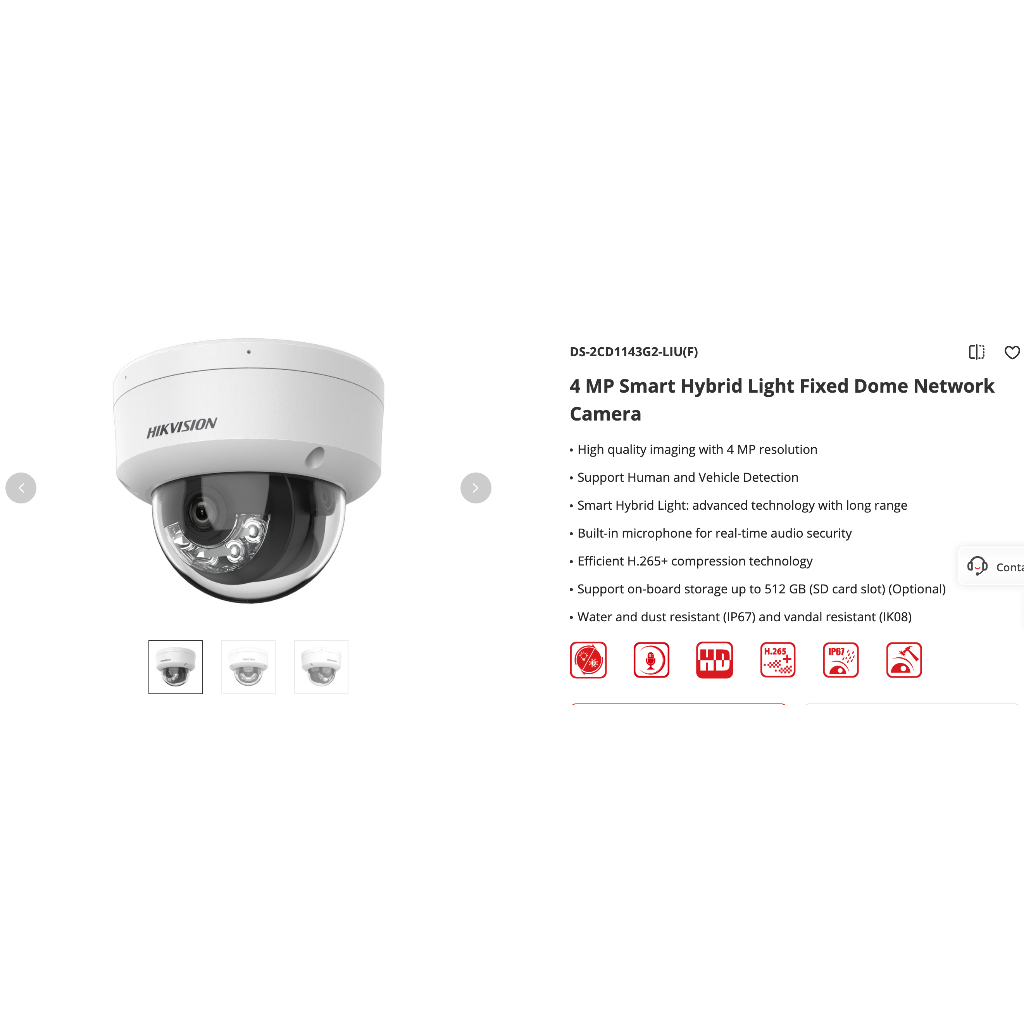 กล้องวงจรปิด IP Dome ครอบแก้ว 4mp Hikvision DS-2CD1143G2-LIU
