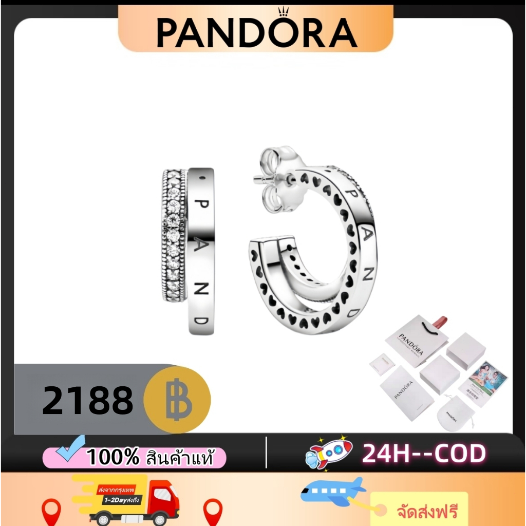 【Pandora】 ของแท้ 100% ส่งฟรี พร้อมส่งทันที เครื่องประดับหรูหรู -pavé-set double hoop earrings- ของขวัญสุดคุ้ม