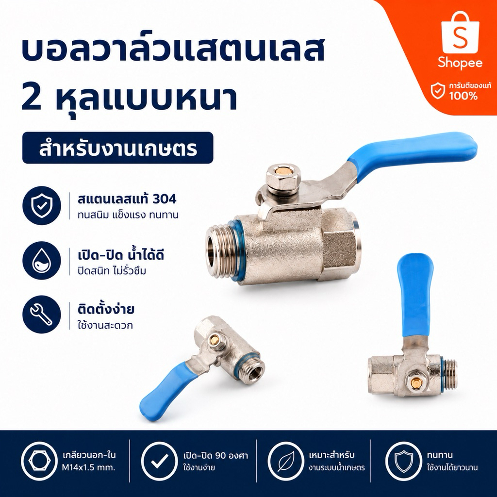 บอลวาล์ว ขนาด 2 หุน เกลียว 14x1.5 MM งานเกษตร คุณภาพสูง สำหรับระบบไหลเวียน