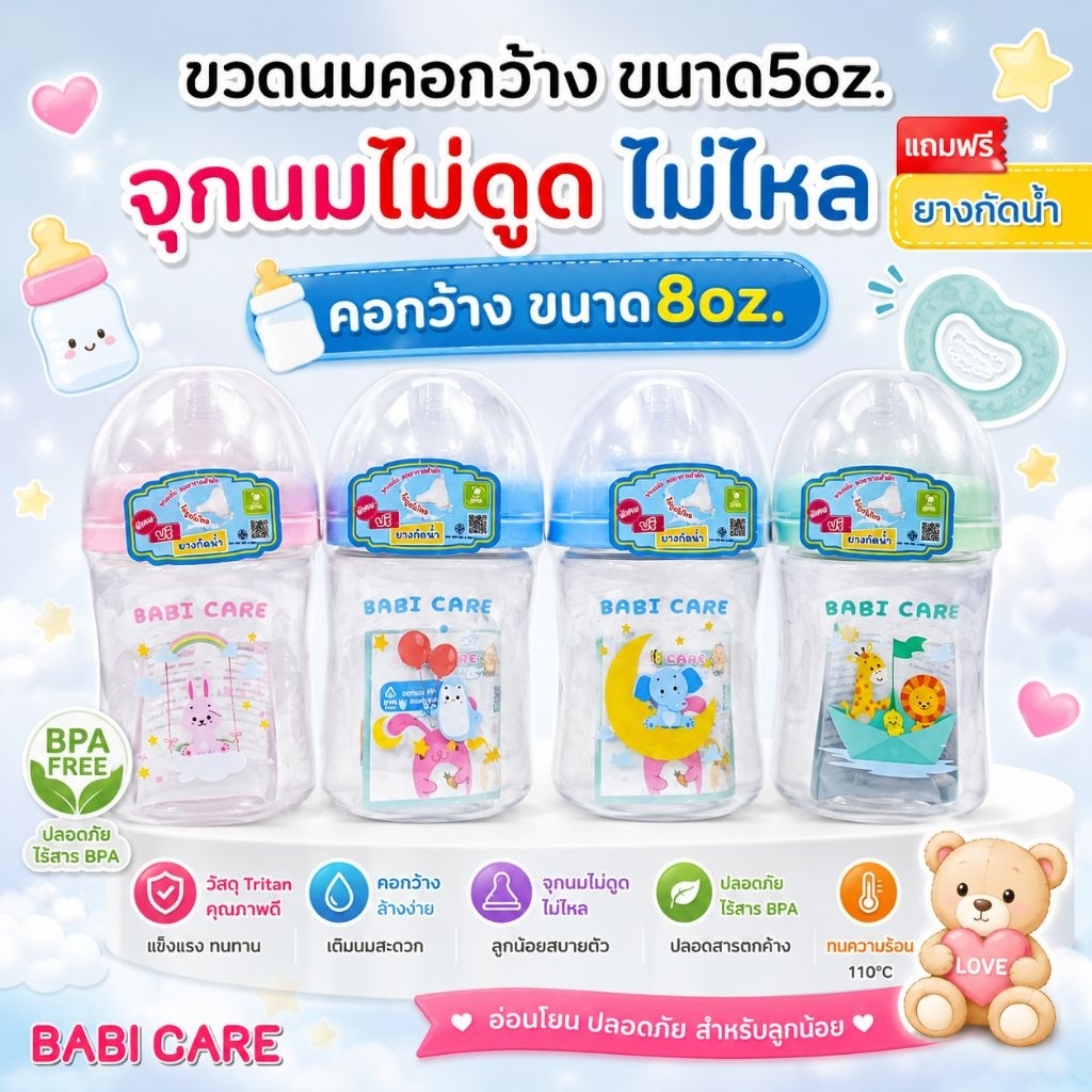 (แพ็คคู่)ขวดนม babi care เบบี้แคร์ คอแคบและคอกว้าง(แถมฟรียางวกัด) จุกนมไม่ดูด ไม่ไหล