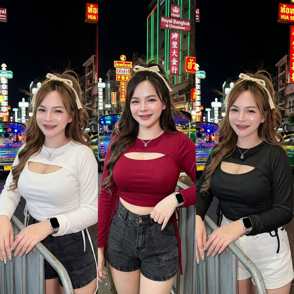 เสื้อสาวอวบ ผ้าร่อง เว้าอก รูดข้าง แขนยาว