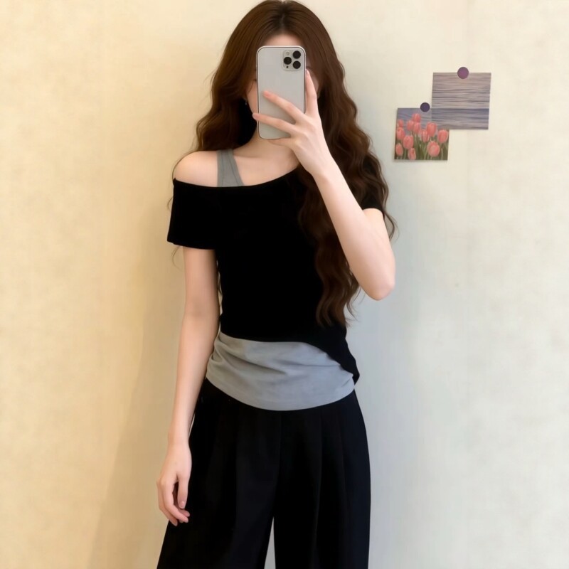 เสื้อแฟชั่นผู้หญิงไซซ์ใหญ่ แขนสั้นทรงเก๋ ดีไซน์ไหล่เฉียงแบบเลเยอร์ ใส่สบาย ช่วยให้ดูเพรียว