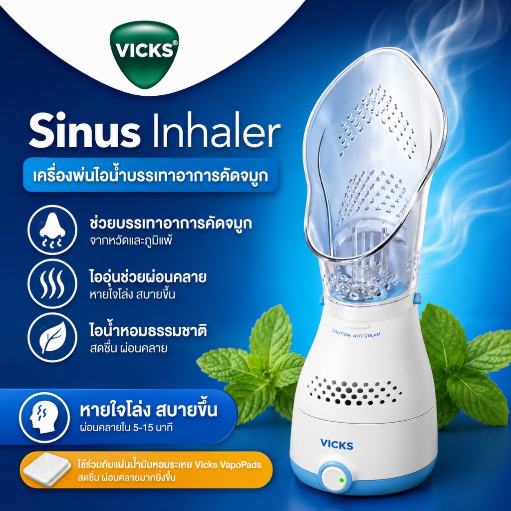 Vicks Sinus Inhaler เครื่องพ่นไอน้ำเพื่อบรรเทาไซนัส อาการแพ้ คัดจมูก ไอ และหวัด