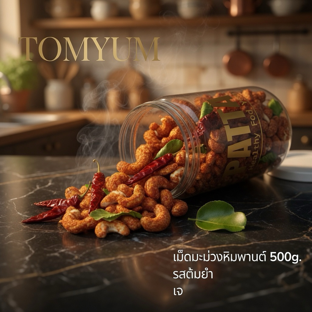 W210 รสต้มยำ เม็ดมะม่วงหิมพานต์ เม็ดโตๆ แบบถุง 500 กรัม 齋·حلال
