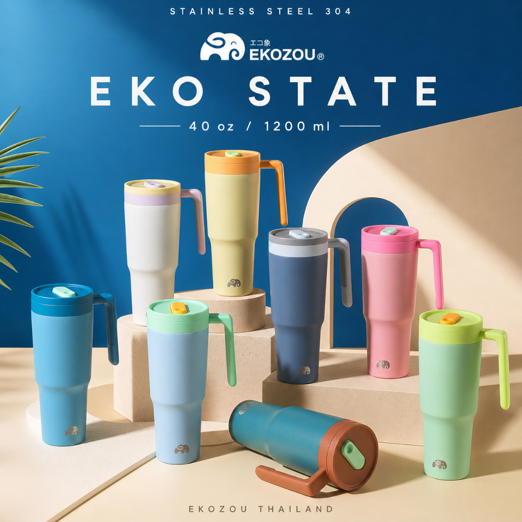 EKO STATE แก้วน้ำสแตนเลส 304 ขนาด 1200ml/40oz มีที่กรองผลไม้และชา มีหูจับและหลอดดูด พร้อมใช้งาน