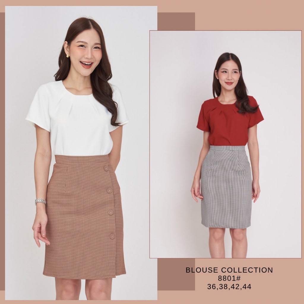 Laboratory  เสื้อ 8801# เสื้อสีพื้น คอกลมจีบหน้า 4จีบ กระดุมหลัง ไซส์ 38,42
