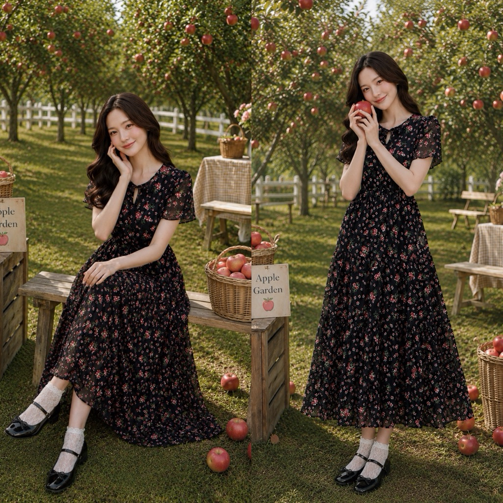 พร้อมส่งแบรนด์ไทยผลิตเอง🇹🇭 สีดำ [รหัสชุดRM2] Rosalie Meadow Dress เดรสผ้าชีฟองลายดอกเล็ก ชุดยาว 49 นิ้ว