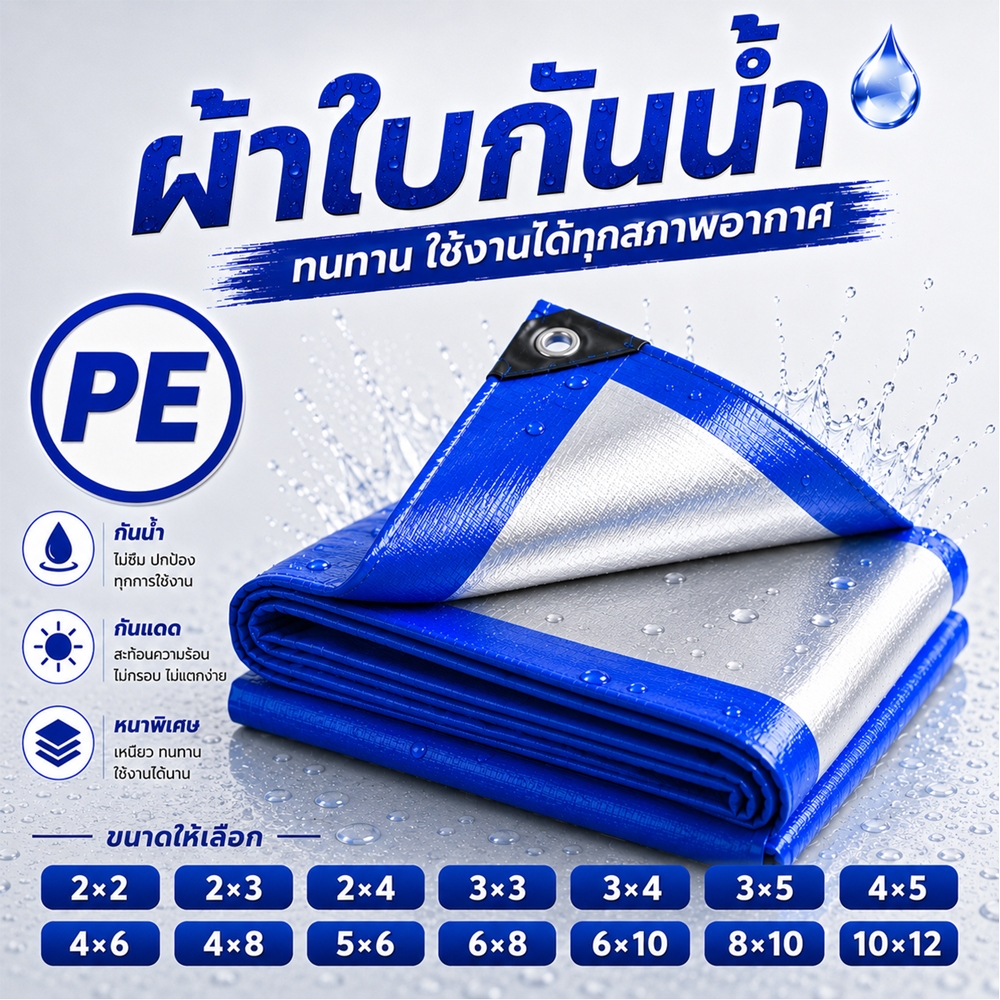ผ้าใบกันแดดฝน ผ้าใบ กันสาดบังแดดฝน ผ้าใบกันแดดกันฝน (มีตาไก่) ผ้าใบกันฝน 2x2 2x3 2x4 3x3 3x4 3x5   ผ
