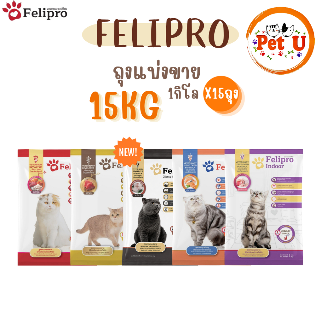 (1 kg x 15 ถุง) Felipro อาหารแมวเฟลิโปร 5 รสชาติ ลดโอกาสการเกิดนิ่ว ถุงแบ่งขนาด 1 kg