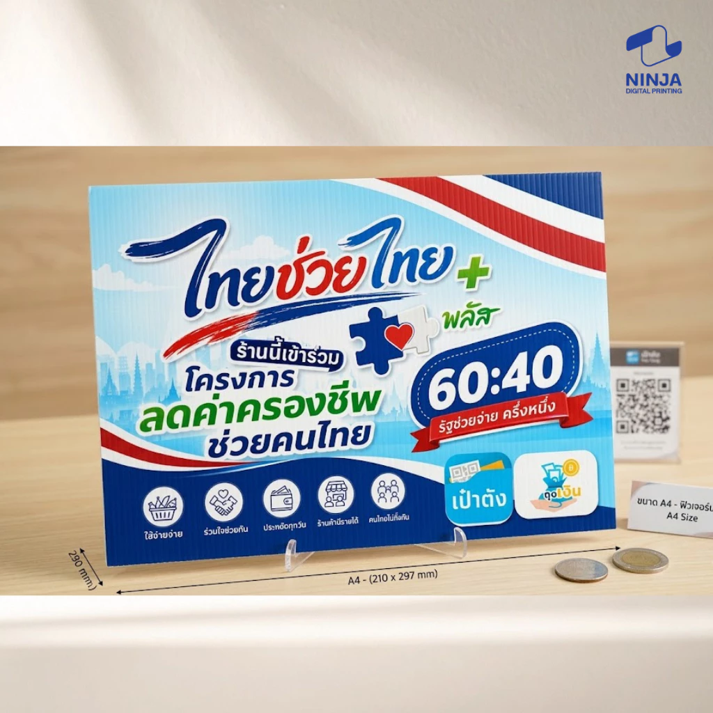 ป้ายฟิวเจอร์บอร์ด 5mm. คนละครึ่งพลัสขนาด A4 A3ป้ายร้านค้าไทยช่วยไทย