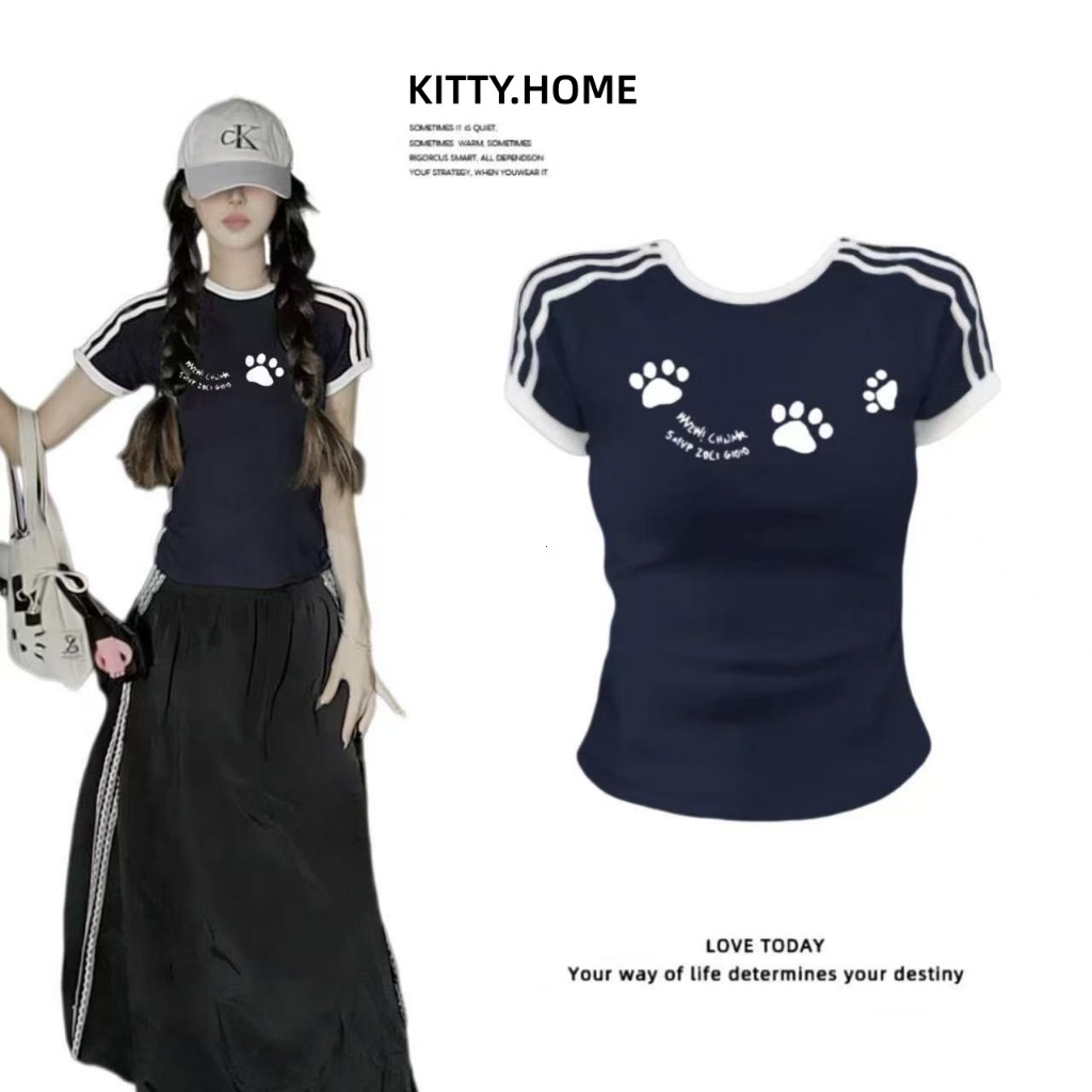 COD พร้อมส่ง เสื้อยืดฤดูร้อนผู้หญิง ดีไซน์ลายริ้วสีตัดกัน สไตล์วินเทจเกาหลี ทรงสวยเข้าทุกชุด ขายดี