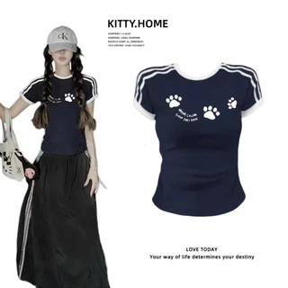 COD พร้อมส่ง เสื้อยืดฤดูร้อนผู้หญิง ดีไซน์ลายริ้วสีตัดกัน สไตล์วินเทจเกาหลี ทรงสวยเข้าทุกชุด ขายดี