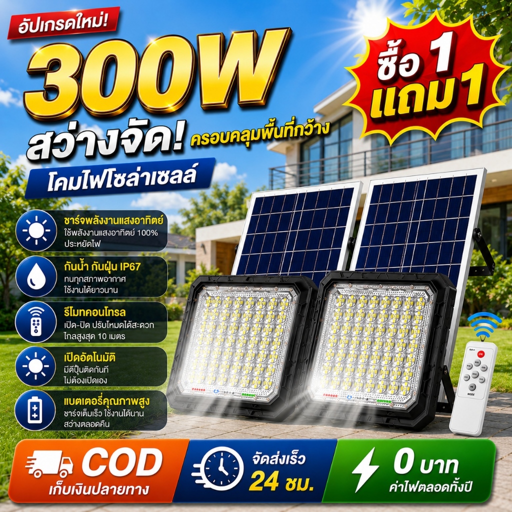 ซื้อ 1 แถม 1 ไฟโซล่าเซลล์ สว่างอัตโนมัติเมื่อฟ้ามืด IP67 กันน้ำกลางแจ้งกันฟ้าผ่า ไฟถนน Solar light